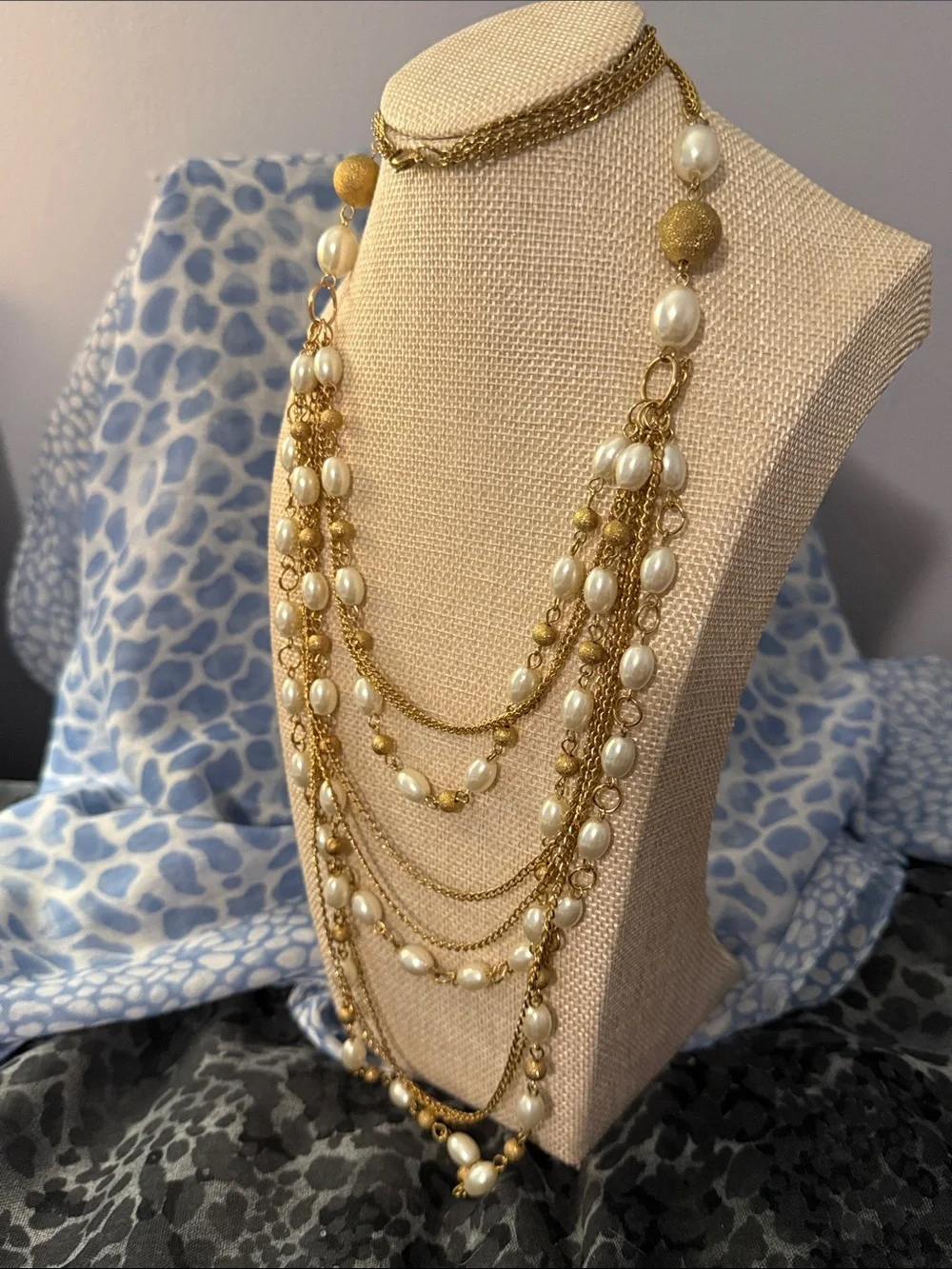 Gold Multi-Strand Pearl Beaded Necklace - Elegant Layered Design